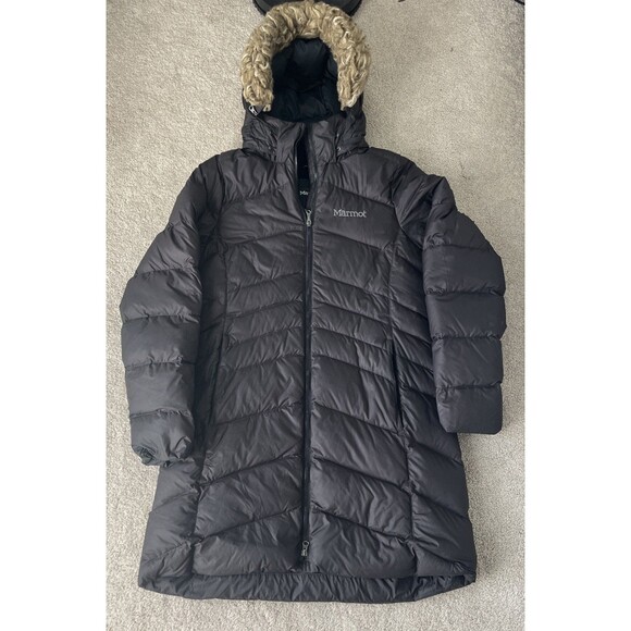 Marmot Montreal Down Parka Womens Medium Dark Brown 700 Fill Coat Hooded Fur - Picture 1 of 9